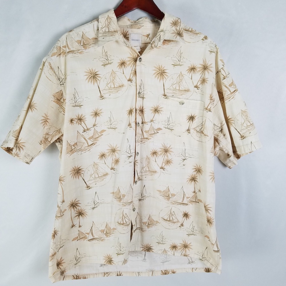 Saddlebred Mens XL Button Up Short Sleeve Shirt Sailboat Palm‎ Tree Print Beige